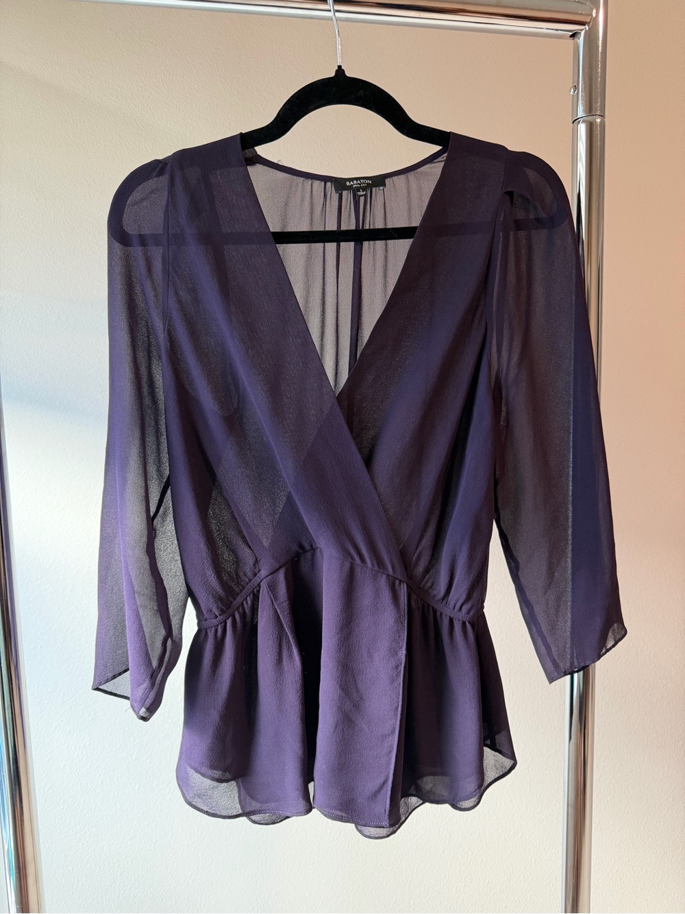 Aritzia Babaton Size Small Silk Sheer Wrap Peplum Blouse in Plum GUC